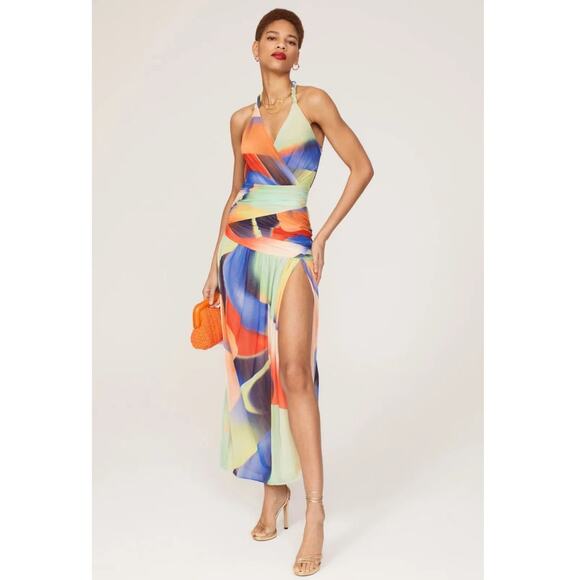 NICHOLAS Multicolor Abstract A-Line Ruching Side Slit Bristol Gown Dress Size 4 - Picture 2 of 6